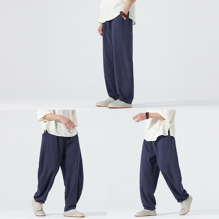Buddha Stones Pantaloni da uomo primaverili in cotone tinta unita con coulisse e tasche. - image 13