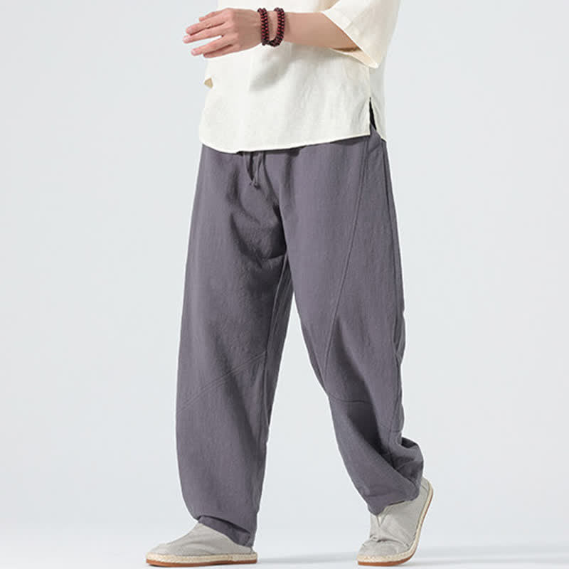 Buddha Stones Pantaloni da uomo primaverili in cotone tinta unita con coulisse e tasche. - image 0