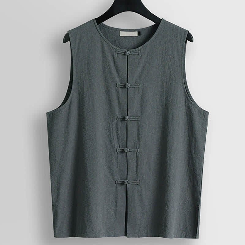 Buddha Stones Gilet senza maniche da uomo in cotone e lino con scollo rotondo e bottoni a rana in stile retrò - Grigio ardesia chiaro - US/UK/AU56，EU66(9XL) - image 8