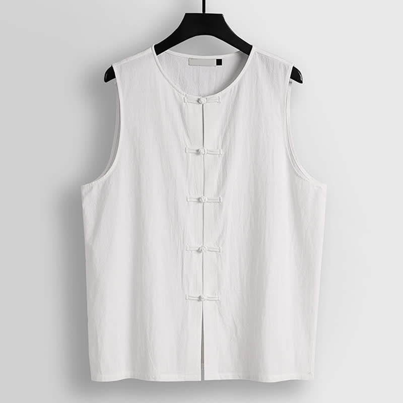 Buddha Stones Gilet senza maniche da uomo in cotone e lino con scollo rotondo e bottoni a rana in stile retrò - Bianco - US/UK/AU56，EU66(9XL) - image 7