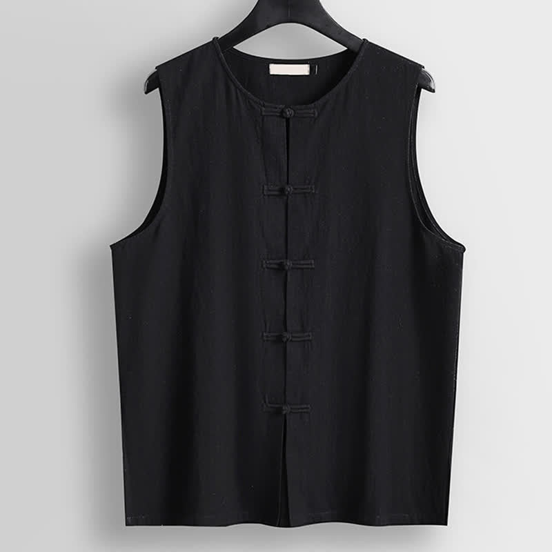 Buddha Stones Gilet senza maniche da uomo in cotone e lino con scollo rotondo e bottoni a rana in stile retrò - Nero - US/UK/AU56，EU66(9XL) - image 9