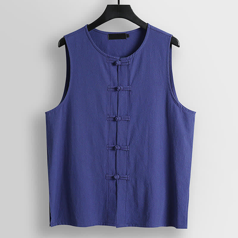 Buddha Stones Gilet senza maniche da uomo in cotone e lino con scollo rotondo e bottoni a rana in stile retrò - Blu Ardesia - US/UK/AU56，EU66(9XL) - image 10