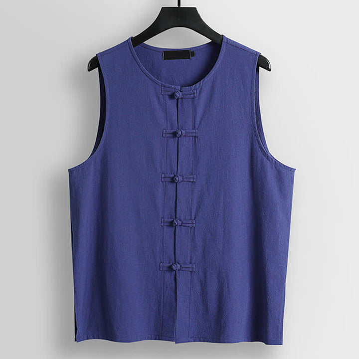 Buddha Stones Gilet senza maniche da uomo in cotone e lino con scollo rotondo e bottoni a rana in stile retrò - Blu Ardesia - US/UK/AU56，EU66(9XL) - image 10