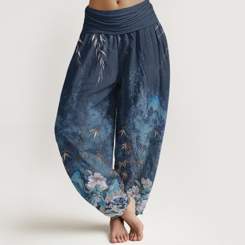 Buddha Stones Pantaloni harem da donna in cotone con motivo paesaggistico naturale e fiori di bambù, con elastico in vita. - SteelBlue - US16, UK/AU20, EU48 (3XL) - image 0