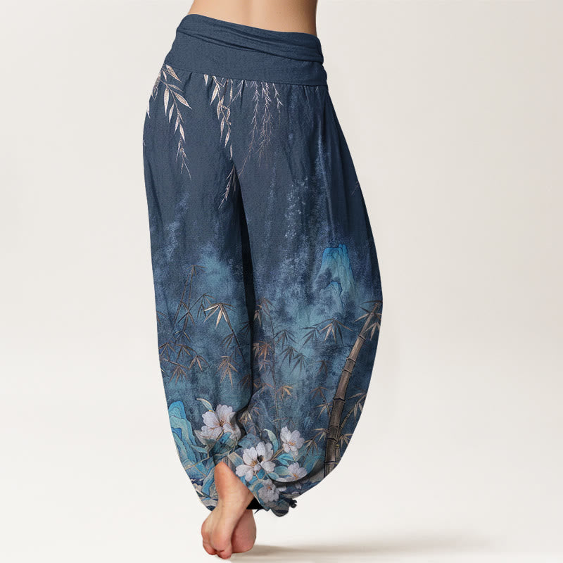 Buddha Stones Pantaloni harem da donna in cotone con motivo paesaggistico naturale e fiori di bambù, con elastico in vita. - image 2