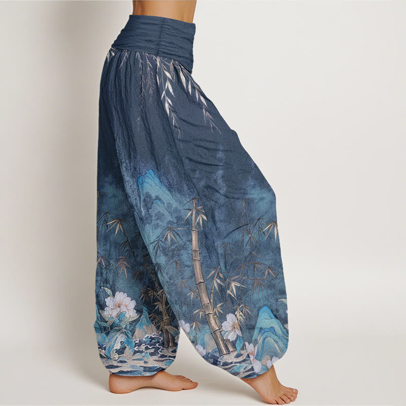 Buddha Stones Pantaloni harem da donna in cotone con motivo paesaggistico naturale e fiori di bambù, con elastico in vita. - image 1