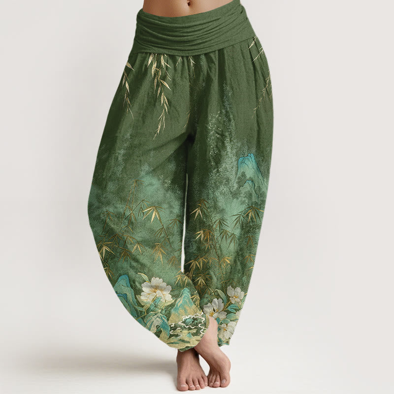 Buddha Stones Pantaloni harem da donna in cotone con motivo paesaggistico naturale e fiori di bambù, con elastico in vita. - Verde Mare Scuro - US16, UK/AU20, EU48 (3XL) - image 5