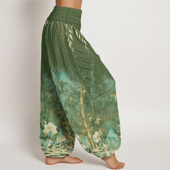 Buddha Stones Pantaloni harem da donna in cotone con motivo paesaggistico naturale e fiori di bambù, con elastico in vita. - image 6