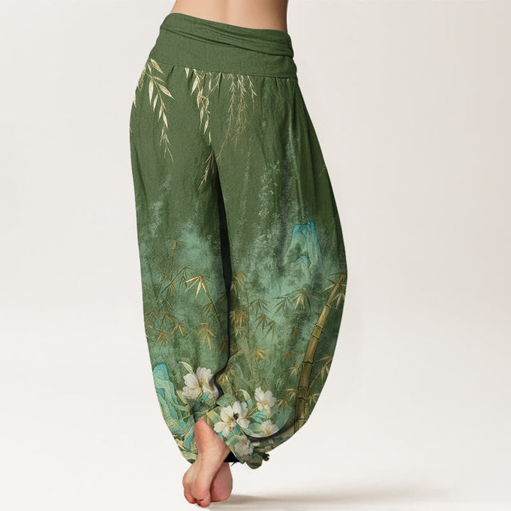 Buddha Stones Pantaloni harem da donna in cotone con motivo paesaggistico naturale e fiori di bambù, con elastico in vita. - image 7
