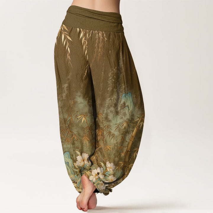 Buddha Stones Pantaloni harem da donna in cotone con motivo paesaggistico naturale e fiori di bambù, con elastico in vita. - image 10