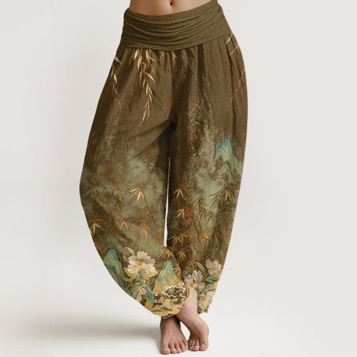 Buddha Stones Pantaloni harem da donna in cotone con motivo paesaggistico naturale e fiori di bambù, con elastico in vita. - Verga d'oro scura - US16, UK/AU20, EU48 (3XL) - image 8