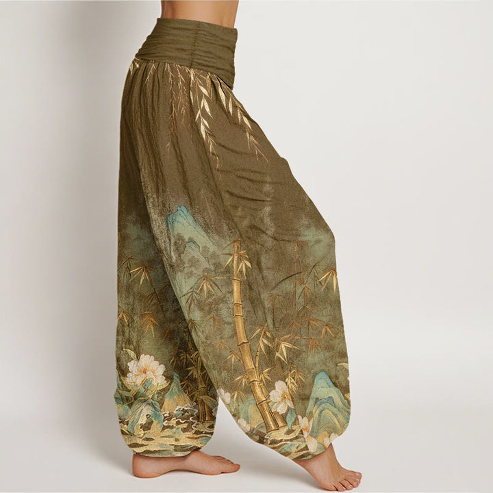 Buddha Stones Pantaloni harem da donna in cotone con motivo paesaggistico naturale e fiori di bambù, con elastico in vita. - image 9