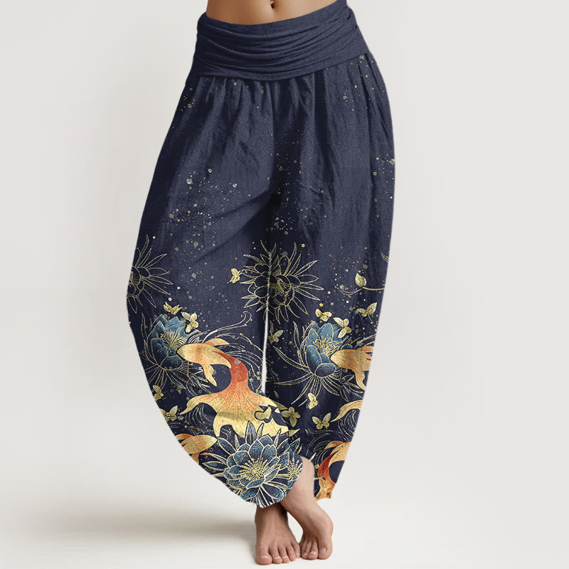 Buddha Stones Pantaloni harem da donna in cotone con motivo a farfalle, carpe koi e loto, con elastico in vita. - Blu notte - US16, UK/AU20, EU48 (3XL) - image 0
