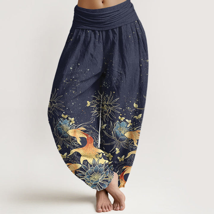 Buddha Stones Pantaloni harem da donna in cotone con motivo a farfalle, carpe koi e loto, con elastico in vita. - Blu notte - US16, UK/AU20, EU48 (3XL) - image 0