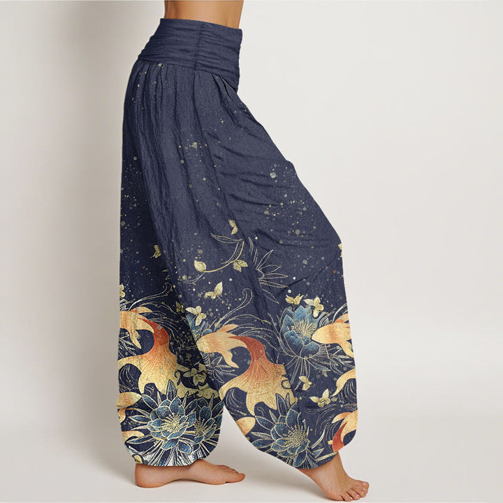 Buddha Stones Pantaloni harem da donna in cotone con motivo a farfalle, carpe koi e loto, con elastico in vita. - image 1