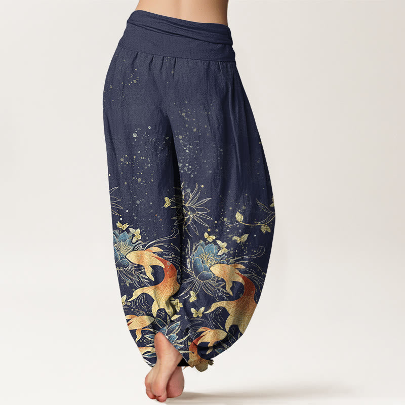 Buddha Stones Pantaloni harem da donna in cotone con motivo a farfalle, carpe koi e loto, con elastico in vita. - image 2