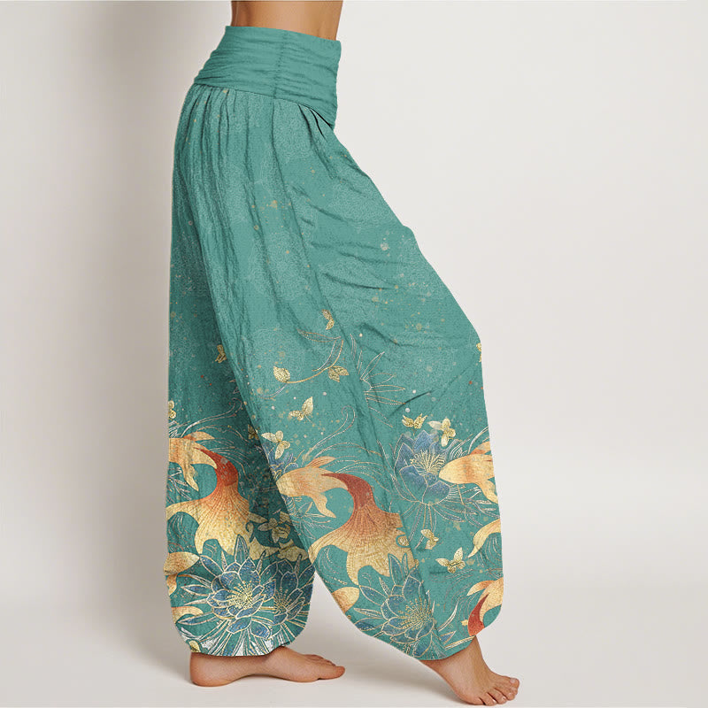 Buddha Stones Pantaloni harem da donna in cotone con motivo a farfalle, carpe koi e loto, con elastico in vita. - image 6
