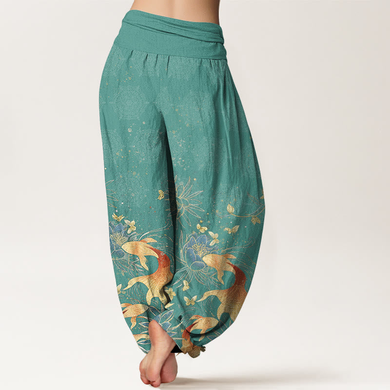 Buddha Stones Pantaloni harem da donna in cotone con motivo a farfalle, carpe koi e loto, con elastico in vita. - image 7