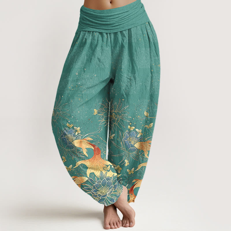 Buddha Stones Pantaloni harem da donna in cotone con motivo a farfalle, carpe koi e loto, con elastico in vita. - Cadetto Blu - US16, UK/AU20, EU48 (3XL) - image 5