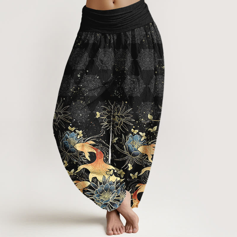Buddha Stones Pantaloni harem da donna in cotone con motivo a farfalle, carpe koi e loto, con elastico in vita. - Nero - US16, UK/AU20, EU48 (3XL) - image 8