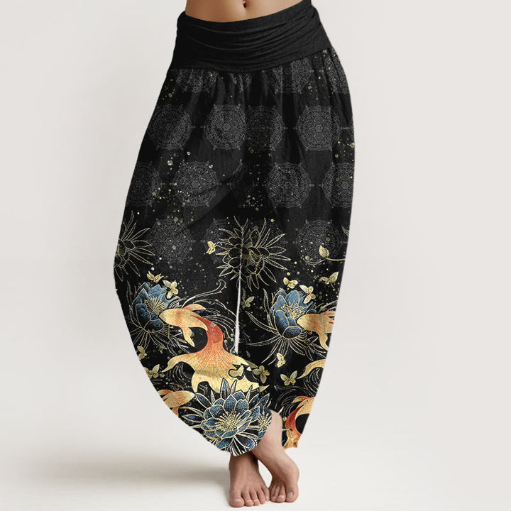 Buddha Stones Pantaloni harem da donna in cotone con motivo a farfalle, carpe koi e loto, con elastico in vita. - Nero - US16, UK/AU20, EU48 (3XL) - image 8