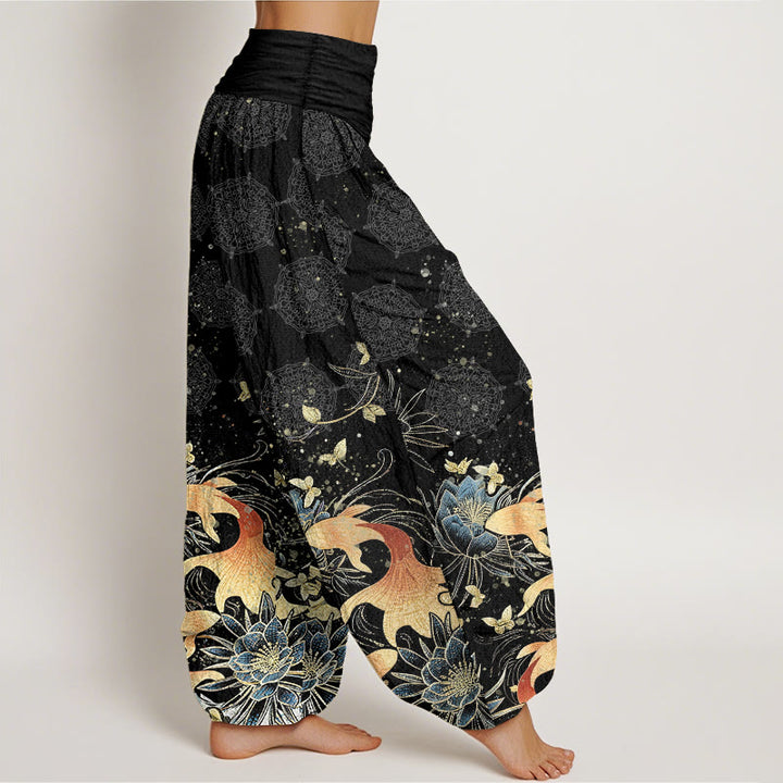 Buddha Stones Pantaloni harem da donna in cotone con motivo a farfalle, carpe koi e loto, con elastico in vita. - image 9