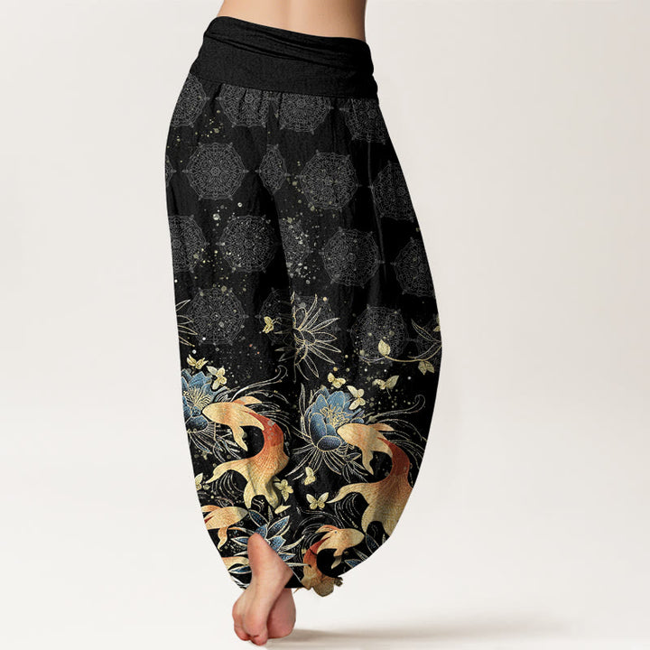 Buddha Stones Pantaloni harem da donna in cotone con motivo a farfalle, carpe koi e loto, con elastico in vita. - image 10