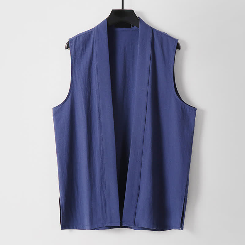 Buddha Stones Kimono da uomo senza maniche in cotone e lino, tinta unita, con apertura frontale, ideale per la primavera. - Blu scuro - US/UK/AU56，EU66(9XL) - image 15