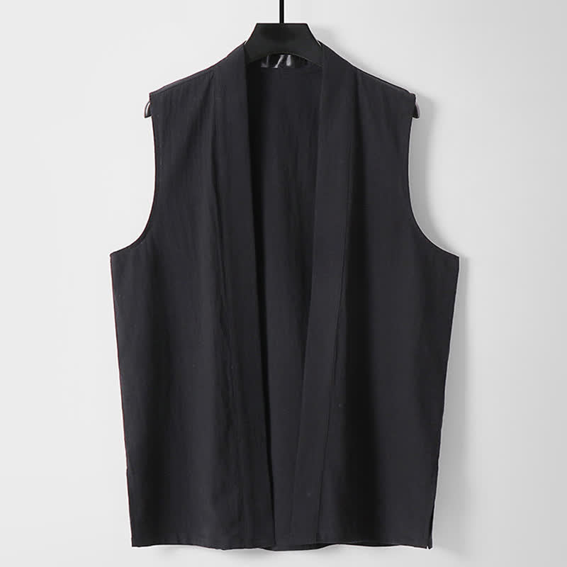 Buddha Stones Kimono da uomo senza maniche in cotone e lino, tinta unita, con apertura frontale, ideale per la primavera. - Nero - US/UK/AU56，EU66(9XL) - image 10