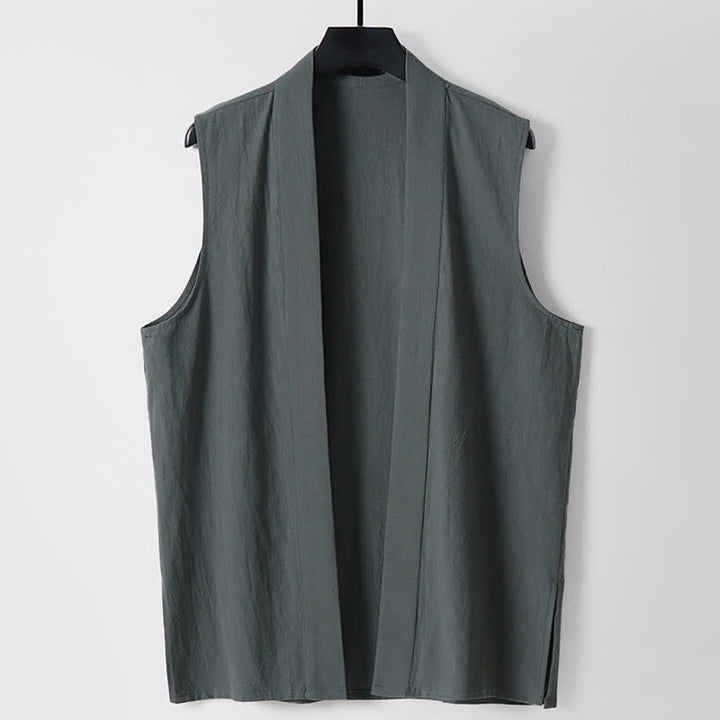 Buddha Stones Kimono da uomo senza maniche in cotone e lino, tinta unita, con apertura frontale, ideale per la primavera. - Grigio tenue - US/UK/AU56，EU66(9XL) - image 0