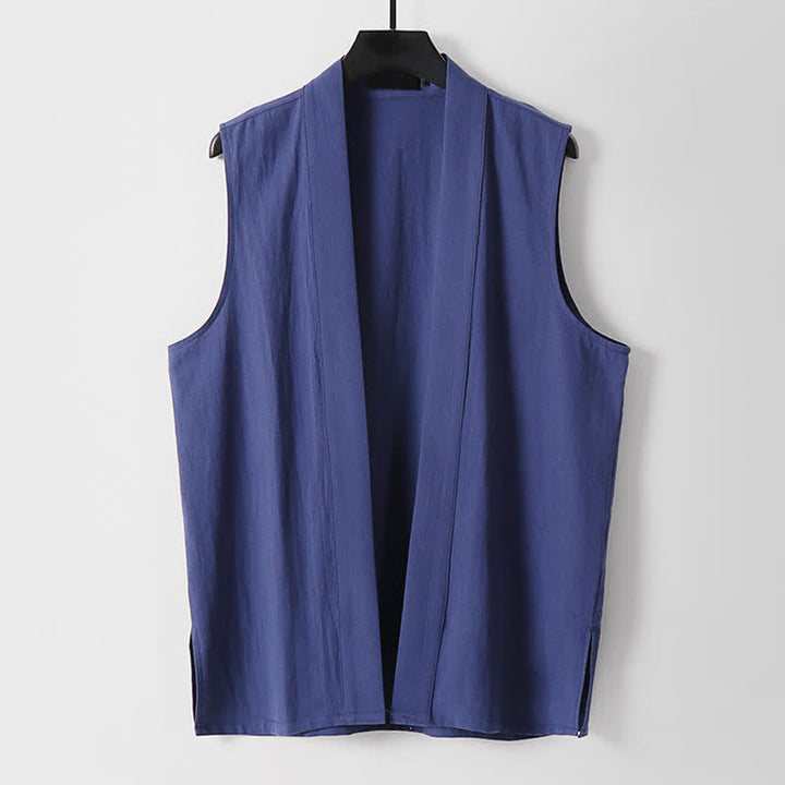 Buddha Stones Kimono da uomo senza maniche in cotone e lino, tinta unita, con apertura frontale, ideale per la primavera. - Blu scuro - US/UK/AU56，EU66(9XL) - image 15