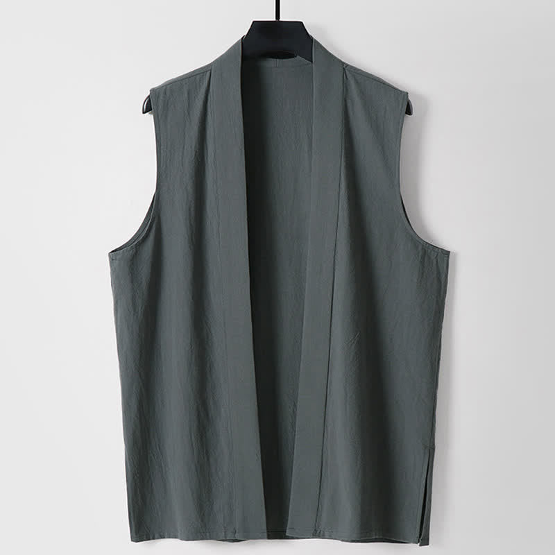 Buddha Stones Kimono da uomo senza maniche in cotone e lino, tinta unita, con apertura frontale, ideale per la primavera. - Grigio tenue - US/UK/AU56，EU66(9XL) - image 0