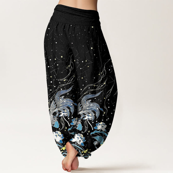 Buddha Stones Pantaloni harem da donna in cotone con elastico in vita, motivo cielo stellato, carpe koi e onde di loto. - image 2