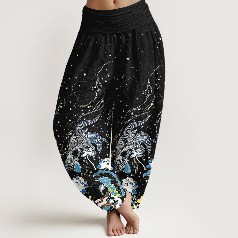 Buddha Stones Pantaloni harem da donna in cotone con elastico in vita, motivo cielo stellato, carpe koi e onde di loto. - Nero - US16, UK/AU20, EU48 (3XL) - image 0