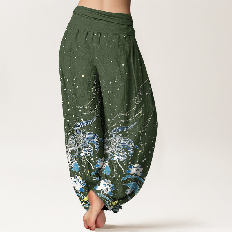 Buddha Stones Pantaloni harem da donna in cotone con elastico in vita, motivo cielo stellato, carpe koi e onde di loto. - image 7