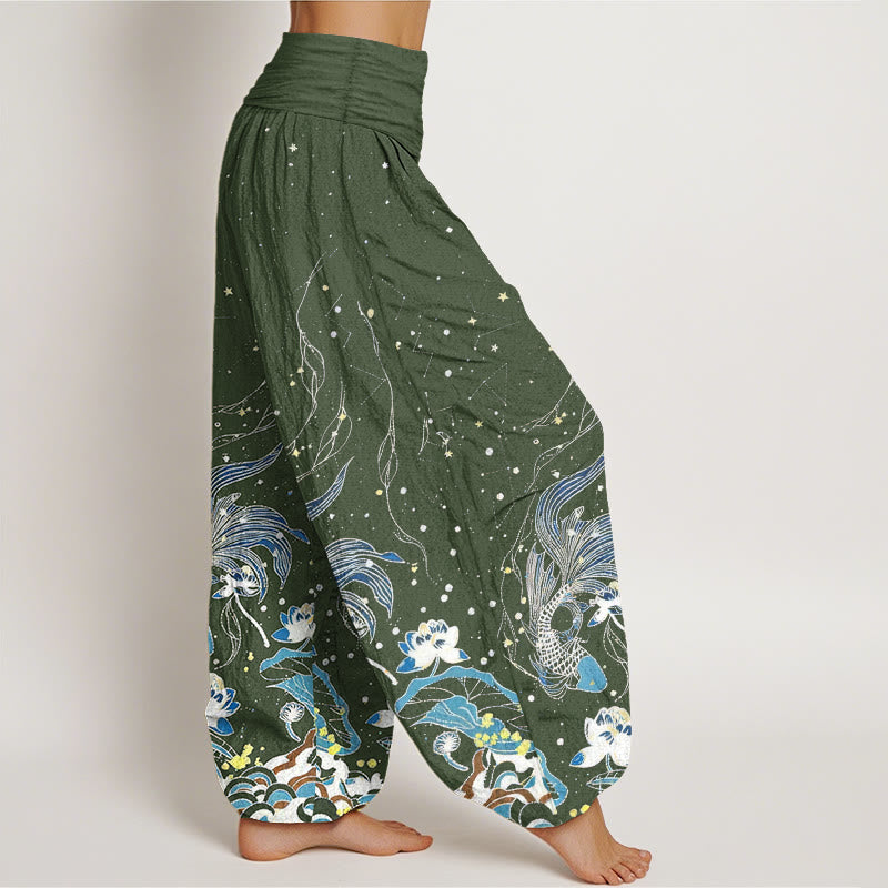 Buddha Stones Pantaloni harem da donna in cotone con elastico in vita, motivo cielo stellato, carpe koi e onde di loto. - image 6