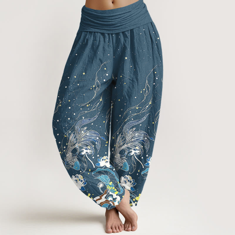 Buddha Stones Pantaloni harem da donna in cotone con elastico in vita, motivo cielo stellato, carpe koi e onde di loto. - SteelBlue - US16, UK/AU20, EU48 (3XL) - image 8