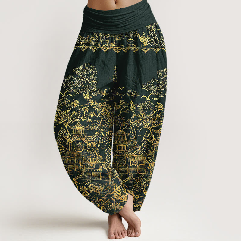 Buddha Stones Pantaloni harem da donna in cotone con motivo di architettura classica, paesaggio, animali e nuvole propizie, con elastico in vita. - Grigio ardesia scuro - US16, UK/AU20, EU48 (3XL) - image 0