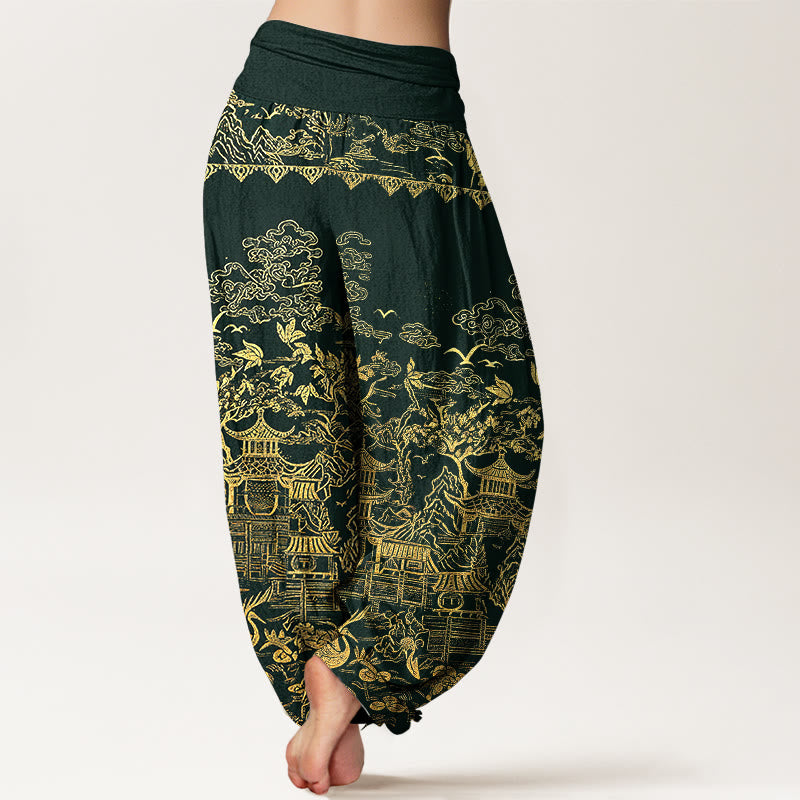 Buddha Stones Pantaloni harem da donna in cotone con motivo di architettura classica, paesaggio, animali e nuvole propizie, con elastico in vita. - image 2