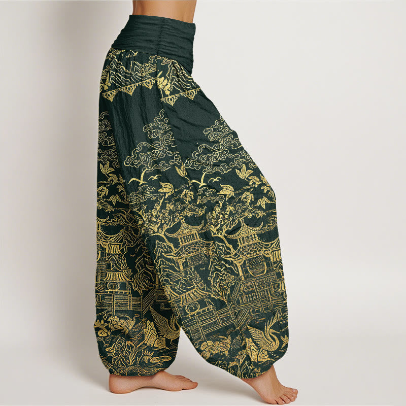 Buddha Stones Pantaloni harem da donna in cotone con motivo di architettura classica, paesaggio, animali e nuvole propizie, con elastico in vita. - image 1