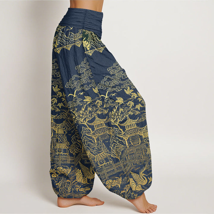 Buddha Stones Pantaloni harem da donna in cotone con motivo di architettura classica, paesaggio, animali e nuvole propizie, con elastico in vita. - image 6