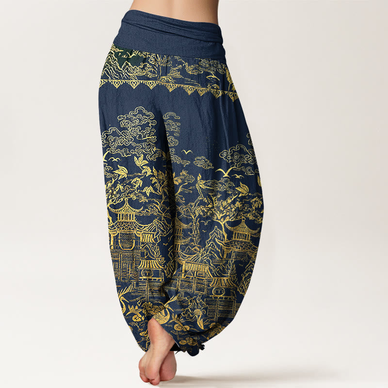 Buddha Stones Pantaloni harem da donna in cotone con motivo di architettura classica, paesaggio, animali e nuvole propizie, con elastico in vita. - image 7