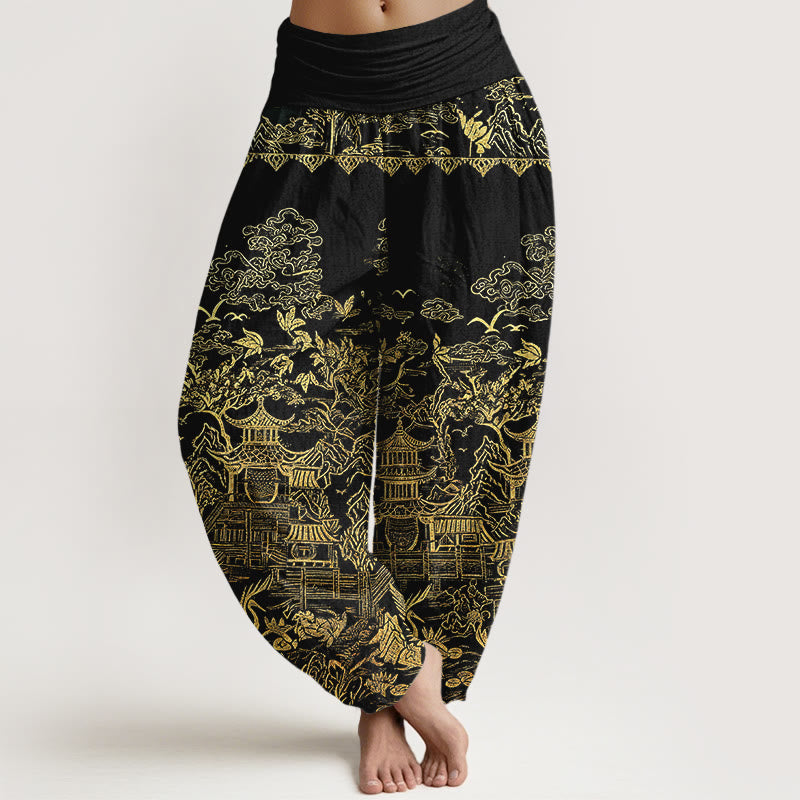 Buddha Stones Pantaloni harem da donna in cotone con motivo di architettura classica, paesaggio, animali e nuvole propizie, con elastico in vita. - Nero - US16, UK/AU20, EU48 (3XL) - image 8