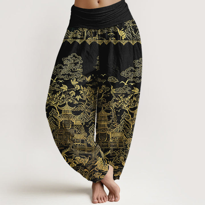 Buddha Stones Pantaloni harem da donna in cotone con motivo di architettura classica, paesaggio, animali e nuvole propizie, con elastico in vita. - Nero - US16, UK/AU20, EU48 (3XL) - image 8