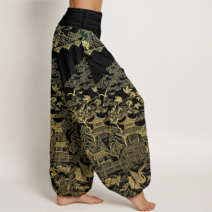 Buddha Stones Pantaloni harem da donna in cotone con motivo di architettura classica, paesaggio, animali e nuvole propizie, con elastico in vita. - image 9