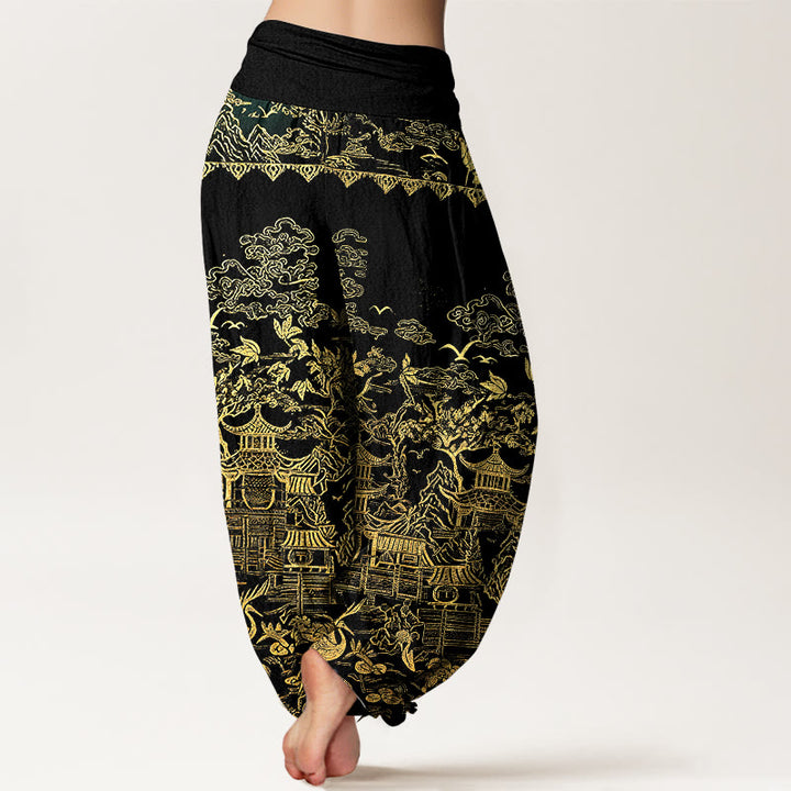 Buddha Stones Pantaloni harem da donna in cotone con motivo di architettura classica, paesaggio, animali e nuvole propizie, con elastico in vita. - image 10