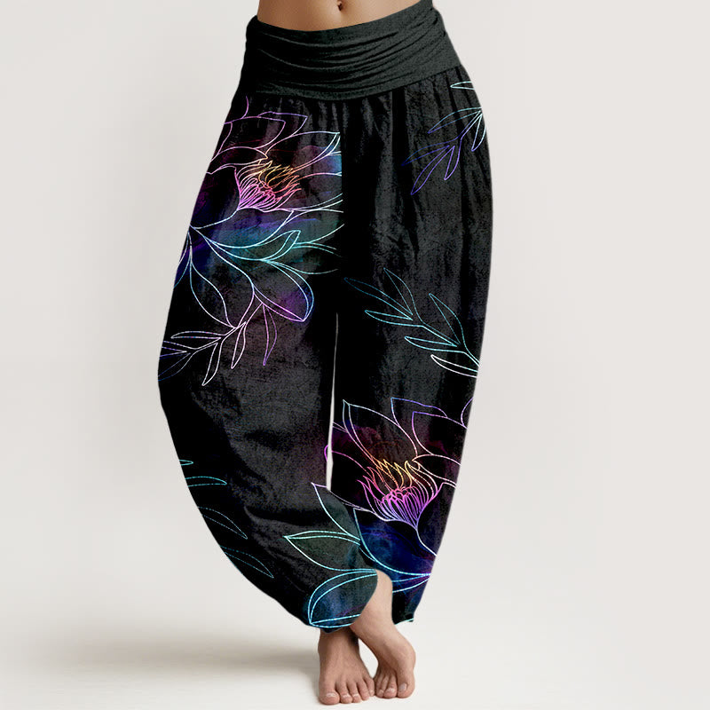 Buddha Stones Pantaloni harem da donna in cotone con motivo a rami di loto al neon e elastico in vita. - Nero - US16, UK/AU20, EU48 (3XL) - image 0