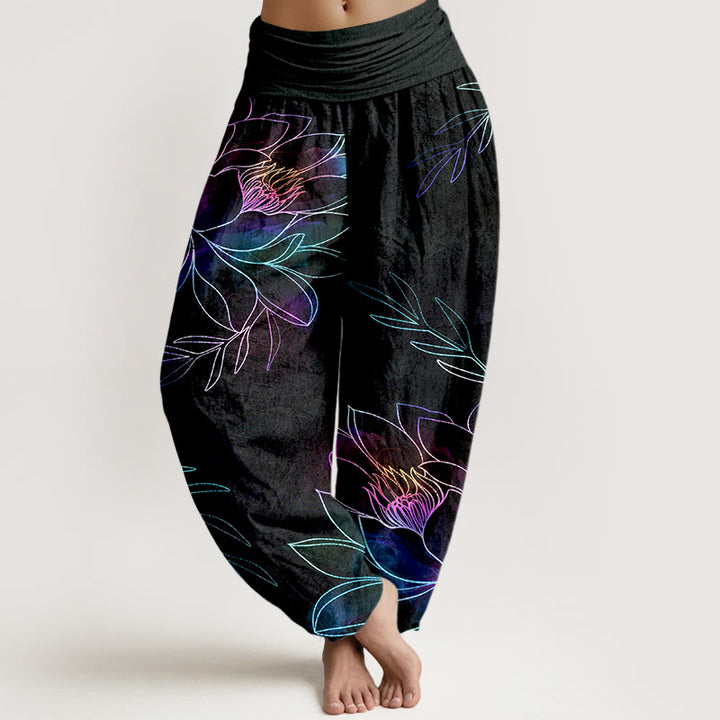 Buddha Stones Pantaloni harem da donna in cotone con motivo a rami di loto al neon e elastico in vita. - Nero - US16, UK/AU20, EU48 (3XL) - image 0