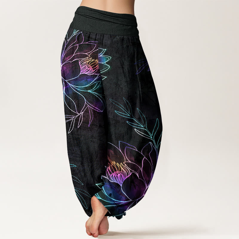 Buddha Stones Pantaloni harem da donna in cotone con motivo a rami di loto al neon e elastico in vita. - image 2