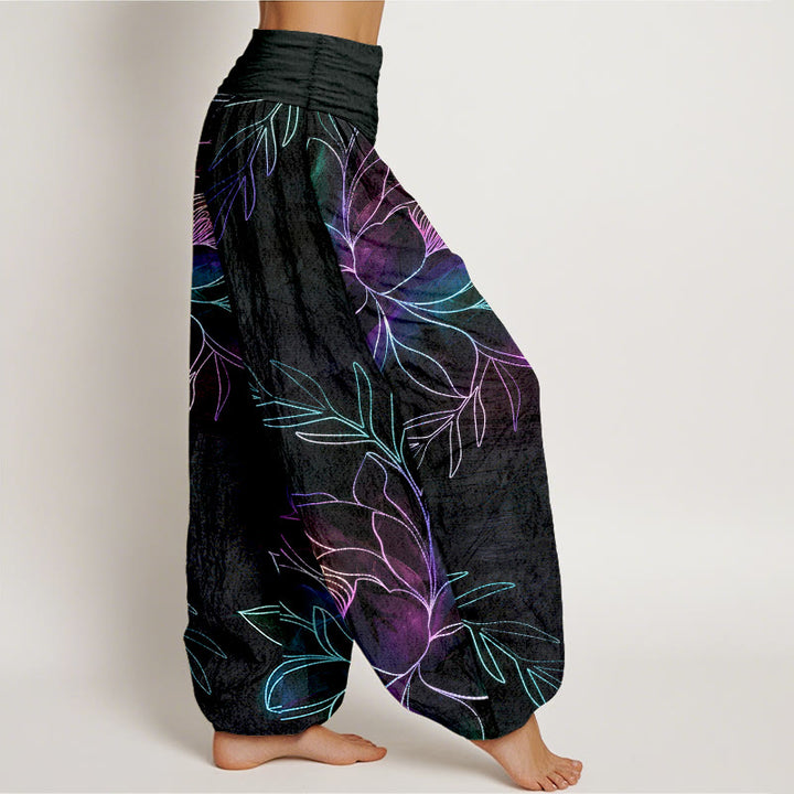 Buddha Stones Pantaloni harem da donna in cotone con motivo a rami di loto al neon e elastico in vita. - image 1